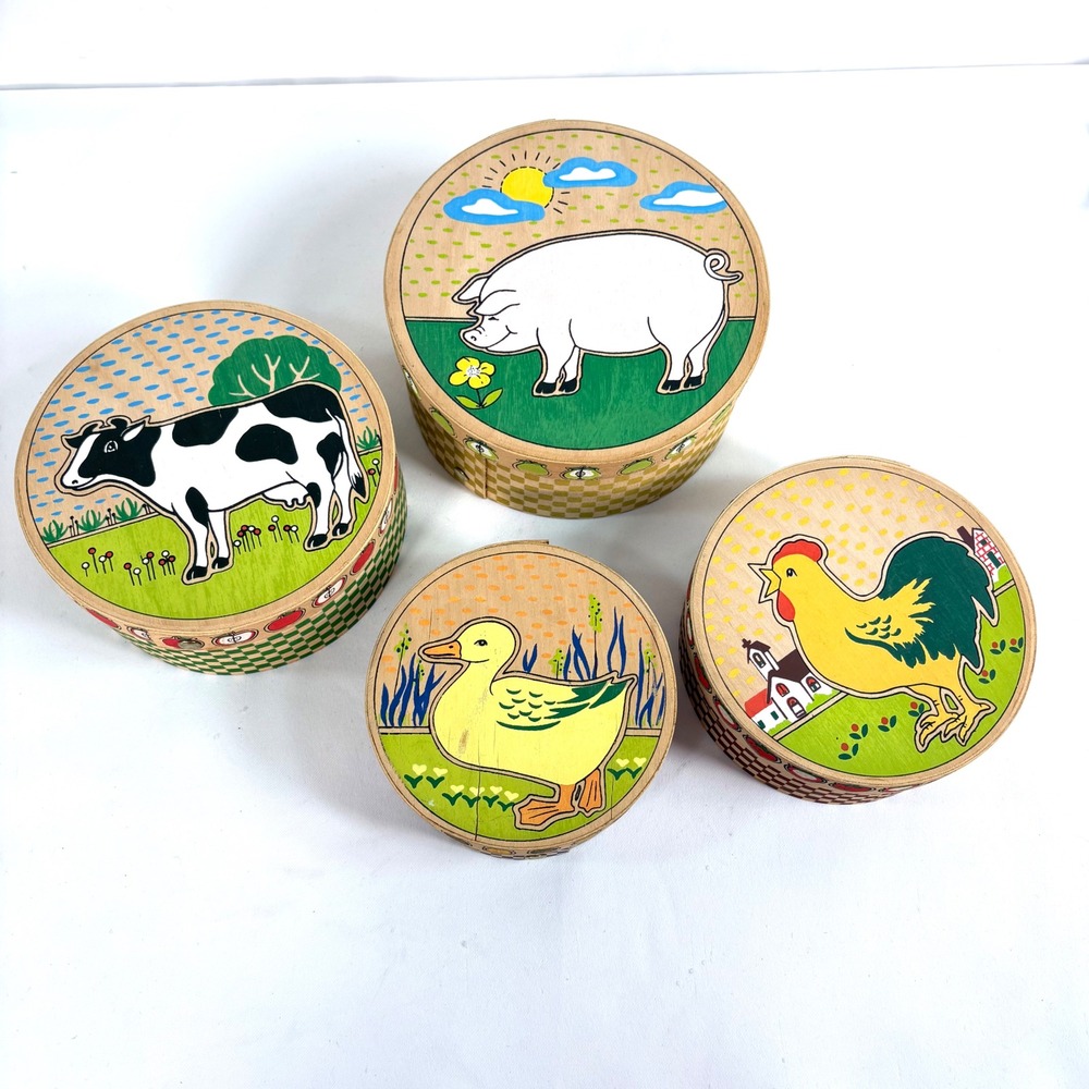 Vintage Set 4 Nesting Wooden Pantry Boxes Farm Animals Cow Pig Rooster Duck